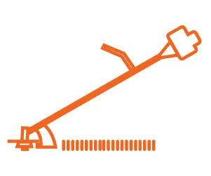 Simple orange line illustration of a string trimmer tool with a cutting head and handle, shown over a white background.